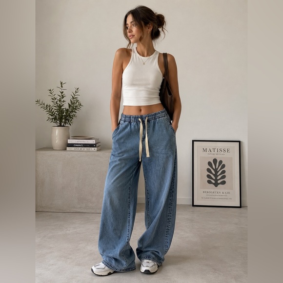 Odyn Denim - High-Rise Wide Leg Drawstring Jeans in Light Blue